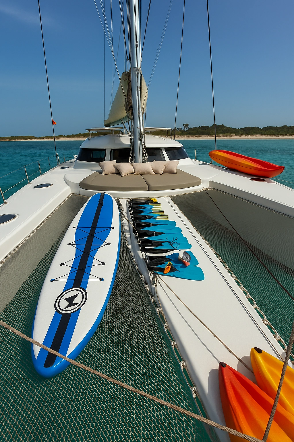 Water toys on catamaran: paddle board, snorkel and kayaks