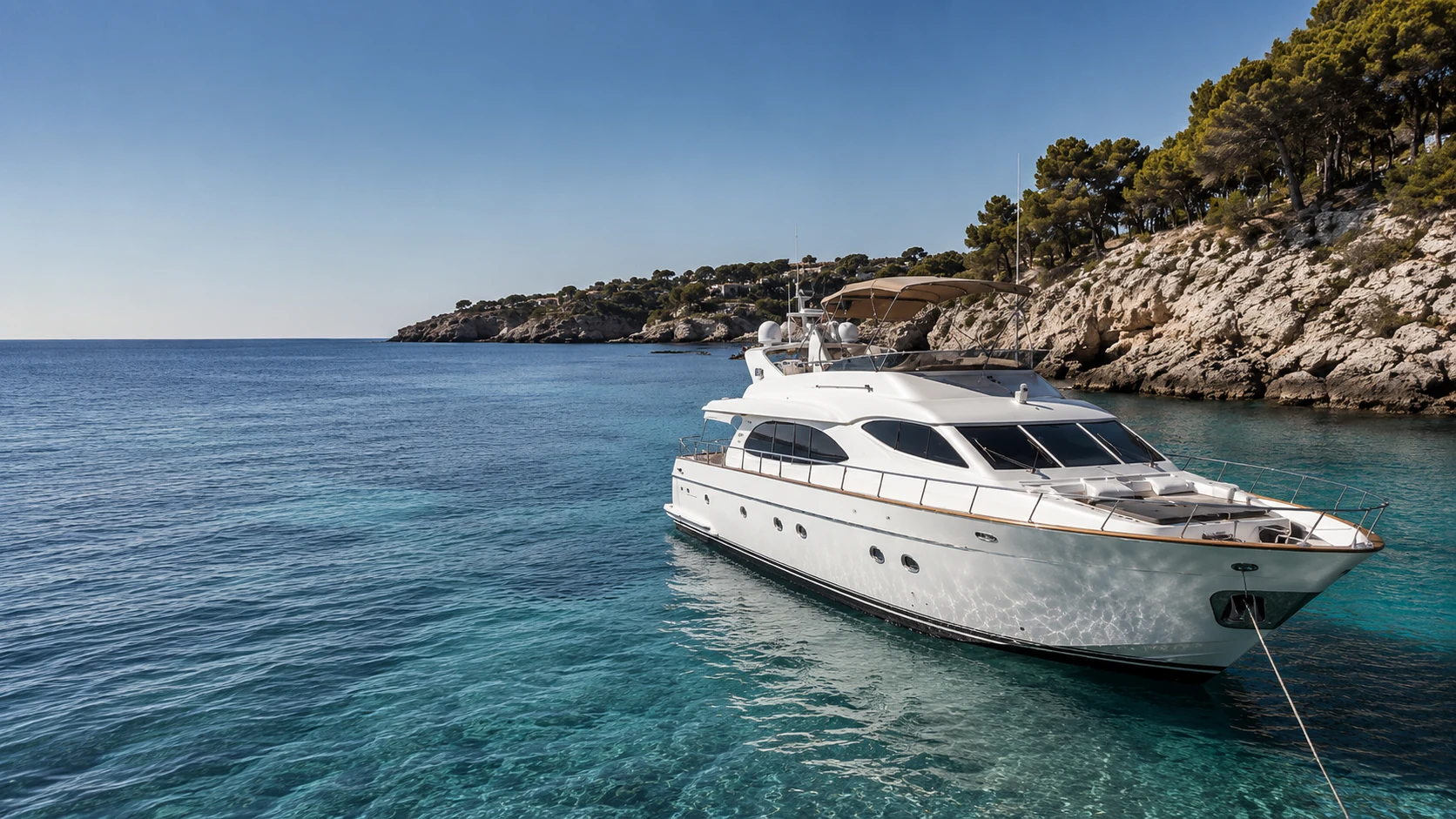 Private luxury yacht anchored in a Mediterranean cove in Mallorca