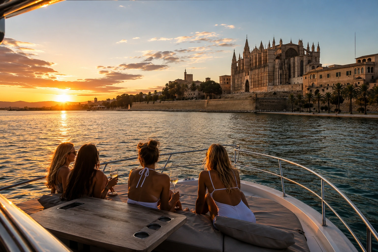 Luxury yacht charter at sunset in Palma de Mallorca with La Seu Cathedral