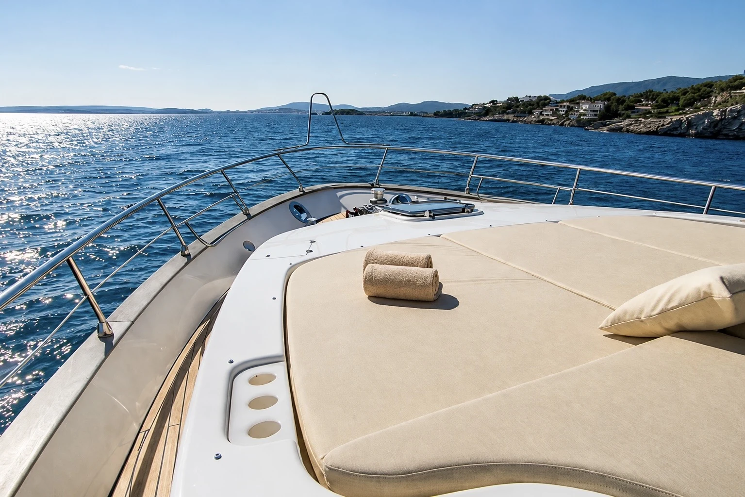 Bow sun deck aboard a private yacht in Mallorca