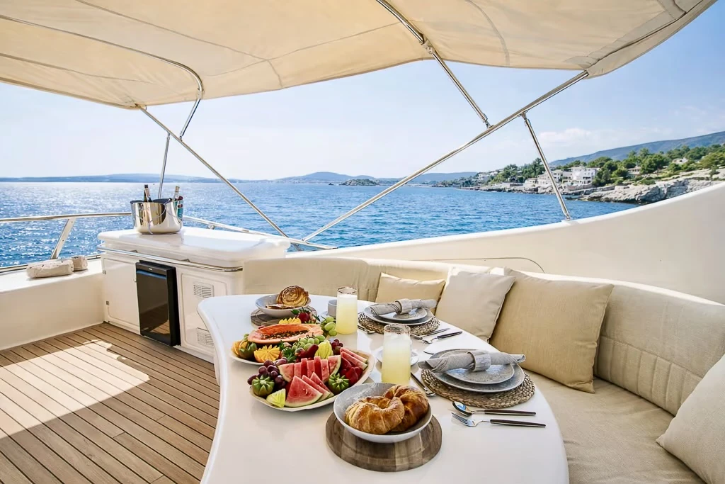 Onboard dining during a private yacht charter in Mallorca